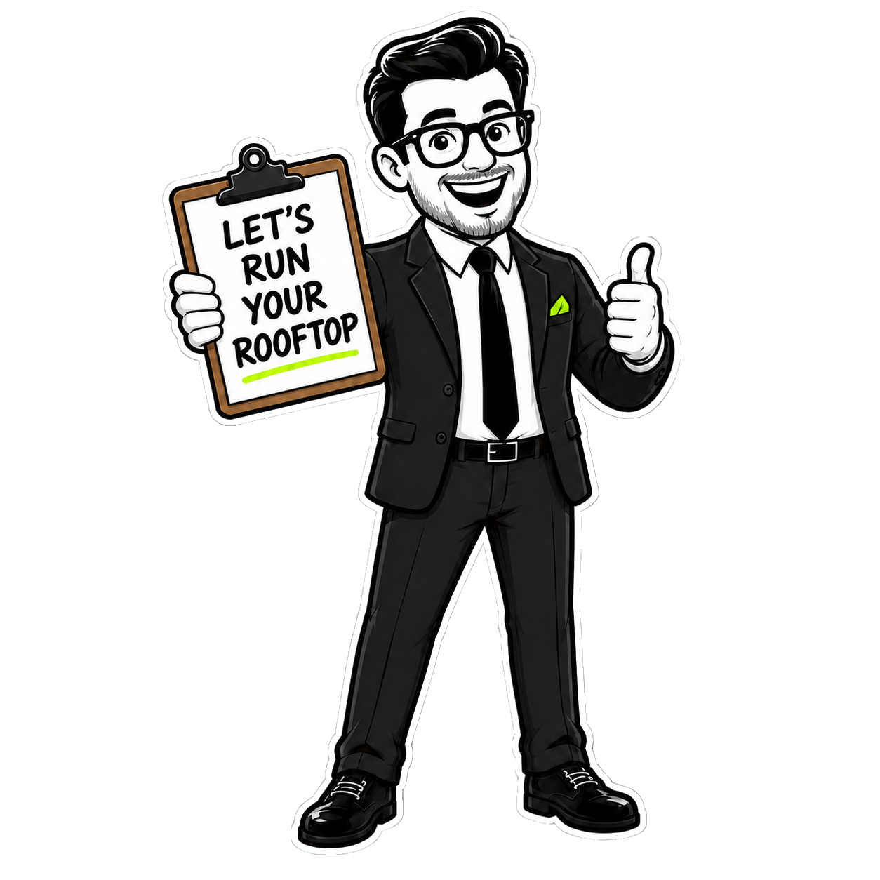 Rooftop mascot giving a thumbs-up while holding a 'Let's run your rooftop' clipboard