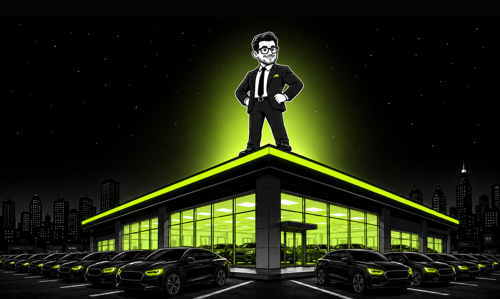 Rooftop founder atop a neon-lit dealership rooftop at night, surveying the lot